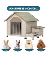 Slickblue Outdoor Fir Wood Dog House with Open Roof – Weather-Resistant and Ventilated