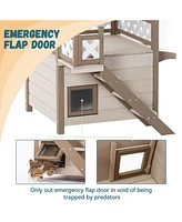 Slickblue 2-Story Feral Cat House: Outdoor/Indoor Kitty Home with Durable Pvc Roof, Escape Door, Curtain & Stairs - Ideal for Multiple Cats