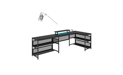 Slickblue U-shaped Desk with Shelve and Led lights