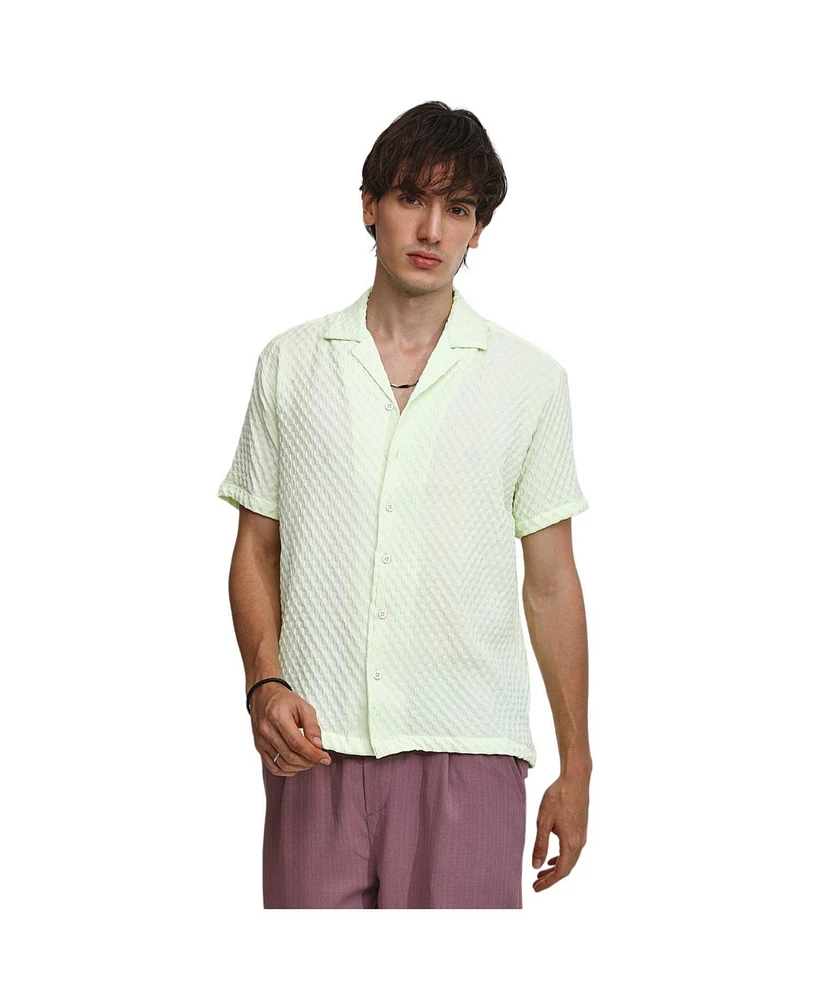 Campus Sutra Men's Lime Green Cubic-Textured Resort Shirt