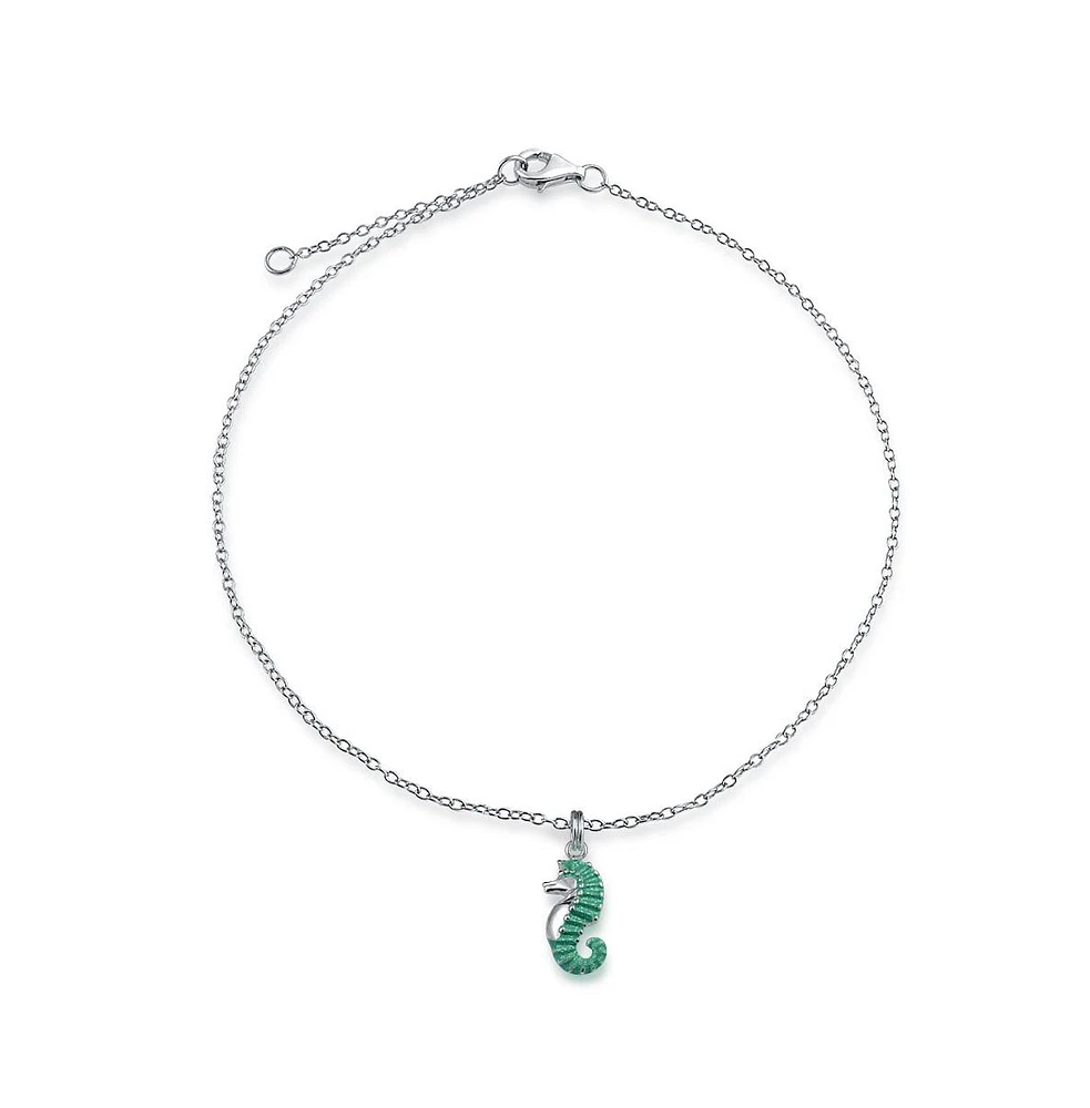 Bling Jewelry Teal Enamel Stardust Tropical Beach Hawaii Vacation Nautical Beach Dangle Seahorse Charm Anklet Ankle Bracelet For Women .925 Sterling S