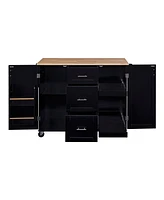 Slickblue K&K Rolling Kitchen Island: Rubber Wood Top, 3 Drawers, 2 Slide-Out Shelves, Internal Storage Rack, Wheels - Black