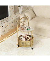 Gymax 2-Tier Mobile Glass Coffee Table w/ Bear Pattern Storage Basket Transparent & Golden