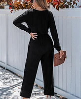 Cupshe Women's Black Ribbed Knit Long Sleeve Tapered Leg Jumpsuit