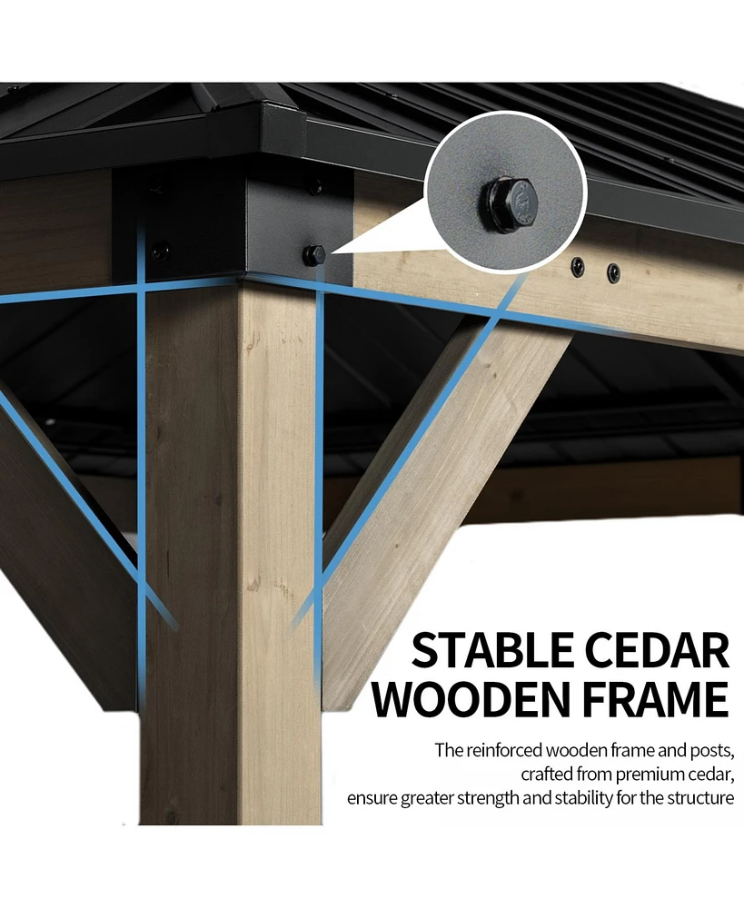 aoodor x 12 ft. Wood Gazebo,Outdoor Upgrade Cedar Wooden Frame Gazebo with 2-Tier Galvanized Steel Roof