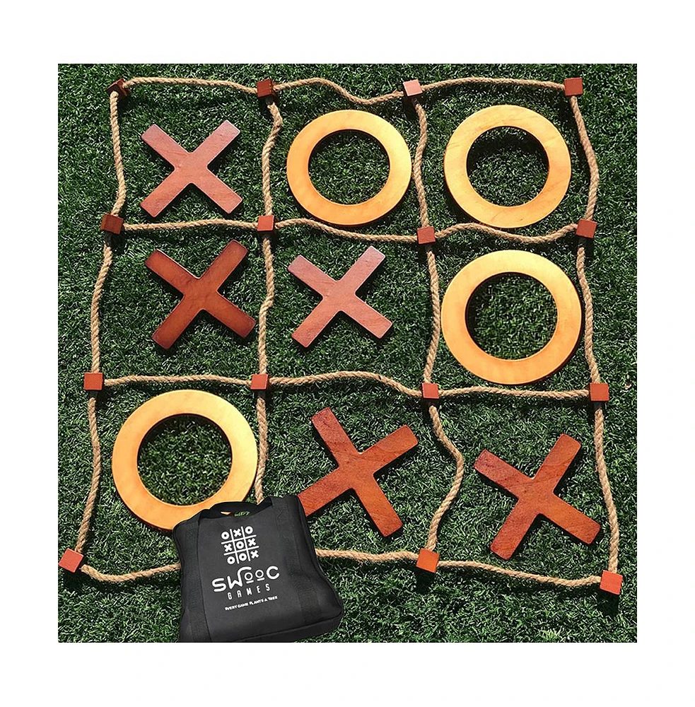 Swooc - Giant Wooden Tic Tac Toe Game (All Weather) | 3ft x 3ft | Big Wood X & O Pieces with Rope Game Board | Tic Tac Toe Board