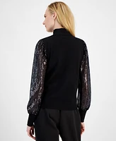 T Tahari Women's Mock-Neck Sheer Sequined-Sleeve Top