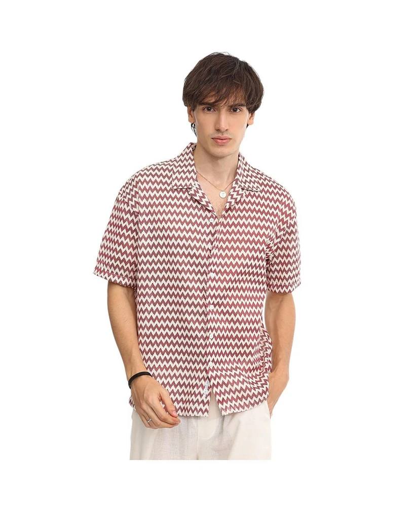 Campus Sutra Men's Terracotta Brown & Powder White Chevron-Striped Oversized Shirt