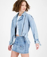 Planet Heart Juniors' Belted Moto Denim Jacket