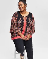 Jm Collection Plus PrintED Wide-Sleeve Top, Exclusively at Macy's