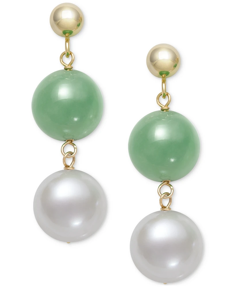 Dyed Green Jade & Freshwater Pearl (7-1/2mm) Double Drop Earrings in 10k Gold