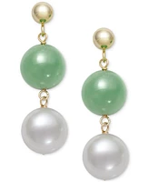 Dyed Green Jade & Freshwater Pearl (7-1/2mm) Double Drop Earrings in 10k Gold