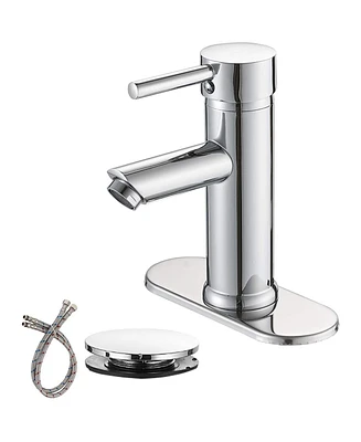 Greenspring Bathroom Sink Faucet Chrome Single Handle One Hole Commercial Deck Mount Lavatory Modern Faucet with Cover Plate and Supply Line