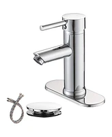 Greenspring Bathroom Sink Faucet Chrome Single Handle One Hole Commercial Deck Mount Lavatory Modern Faucet with Cover Plate and Supply Line