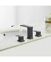 Greenspring 8-16 Inch Widespread Bathroom Faucet Matte Black 2 Handle 3 Hole Bathroom Sink Facuet Waterfall Spout Modern Vanity Bath Basin Tap with Dr