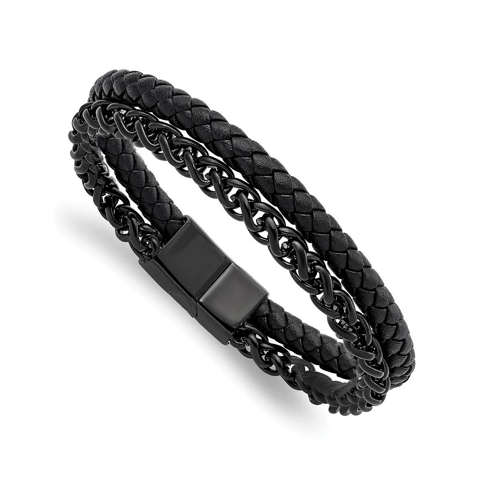 Chisel Stainless Steel Black Ip-plated Chain Black Leather Bracelet