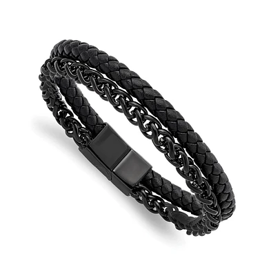 Chisel Stainless Steel Black Ip-plated Chain Black Leather Bracelet