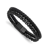 Chisel Stainless Steel Black Ip-plated Chain Black Leather Bracelet