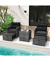 Costway 5 Piece Patio Rattan Furniture with 2 Ottomans & Tempered Glass Coffee Table