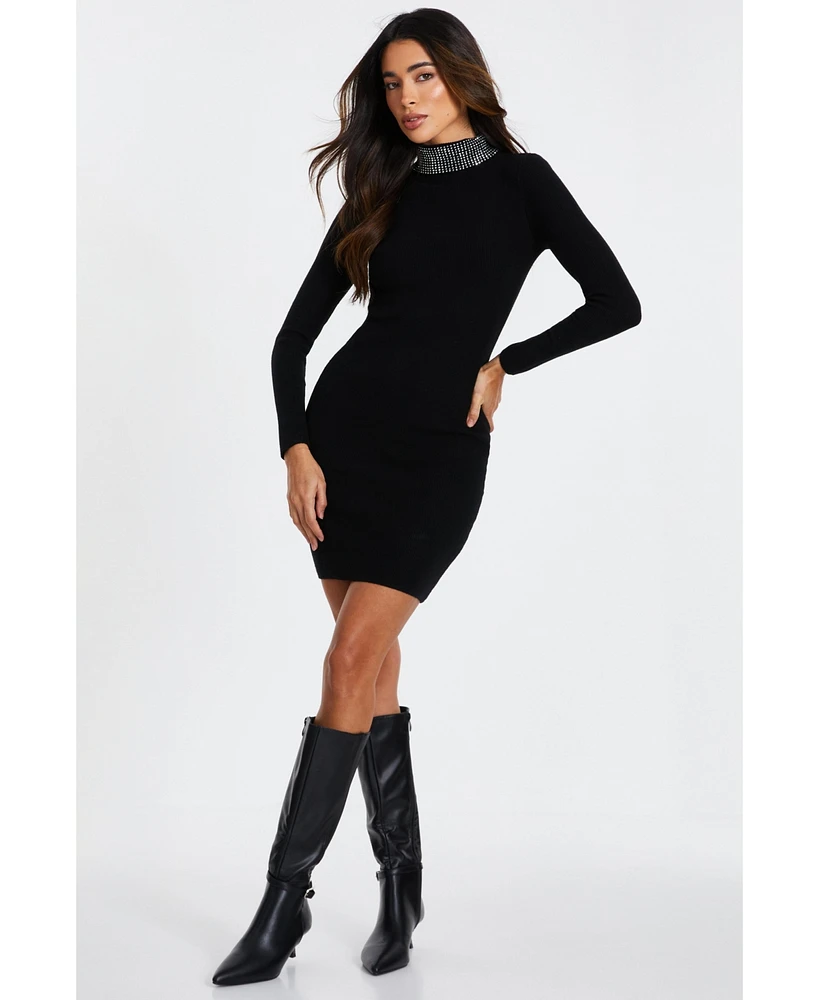 Quiz Women's Diamante Stud Roll Neck Dress