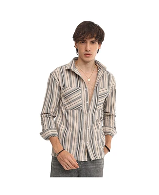 Men's Bone Beige & Cloud Grey Multitrack Striped Oversized Shirt