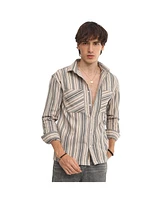 Campus Sutra Men's Bone Beige & Cloud Grey Multitrack Striped Oversized Shirt