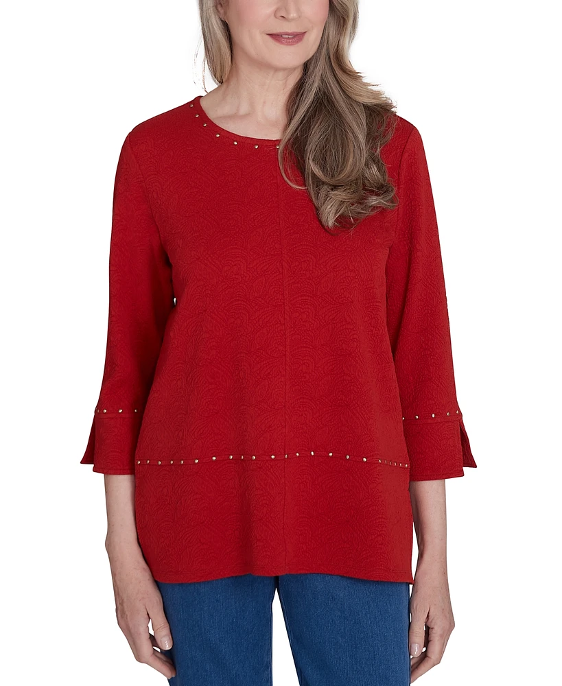 Alfred Dunner Petite Harvest Moon Spliced Solid Textured Crewneck Top