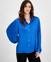 T Tahari Women's Satin Collared Balloon-Sleeve Blouse