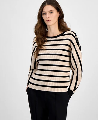 T Tahari Women's Striped Dolman Button-Sleeve Sweater