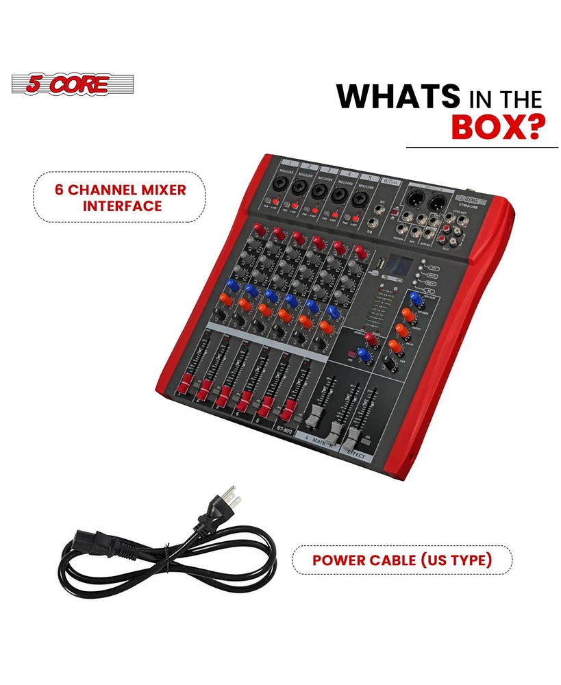 5 Core Audio Dj Mixer 6 Channel Professional Stereo Sound Board w Bluetooth • Usb 48V Phantom Power - Mx 6CHBRAND