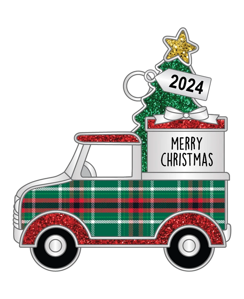 Ganz Sentiment Ornament Plaid Truck with Tree 'Merry Christmas' with Dated 2024 Charm, 2.88"