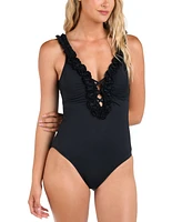 La Blanca Women's Island Goddess Ruffle Plunge One-Piece Swimsuit