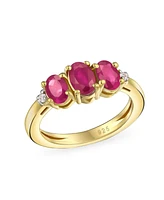 Bling Jewelry Past Present Future 3 Stone Oval Synthetic Red Ruby Ring for Women Yellow 14K Gold Plated .925 Sterling Silver