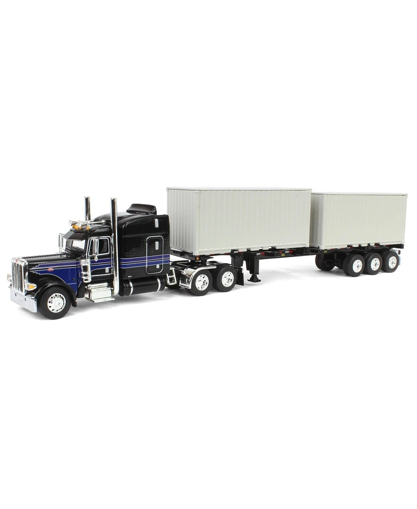 First Gear 1/64 Black Peterbilt 389 63" Mid-Roof Sleeper w/ 2 20' Container Chassis