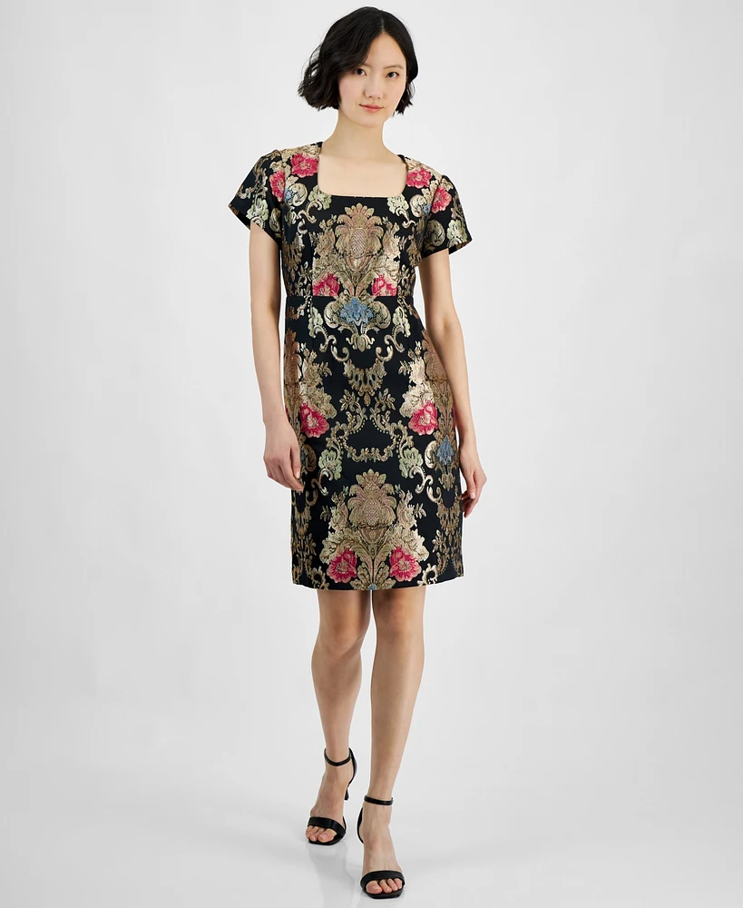 Tahari Petite Short-Sleeve Embellished Brocade Dress