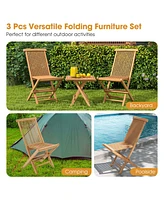 Costway 3PCS Patio Bistro Set Square Table Teak Wood Folding Chair Slatted Tabletop Seat