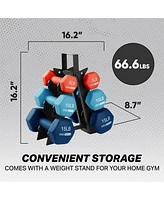 HolaHatha 5, 10, and 15 Pound Neoprene Dumbbell Weight Set with Storage Rack