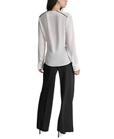 Dkny Women's V-Neck Contrast-Trim Long-Sleeve Blouse