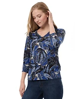 Jones New York Women's Printed Crepe V-Neck Keyhole Top