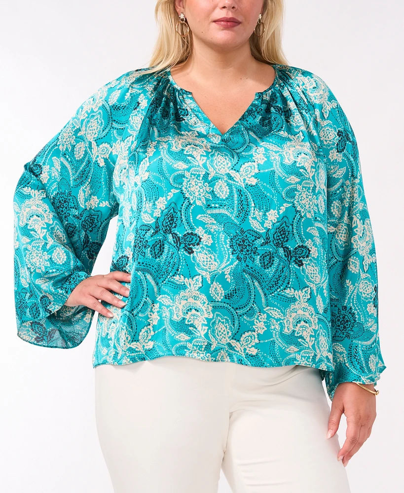 Vince Camuto Plus Printed Split-Neck Long-Sleeve Blouse, Created for Macy's