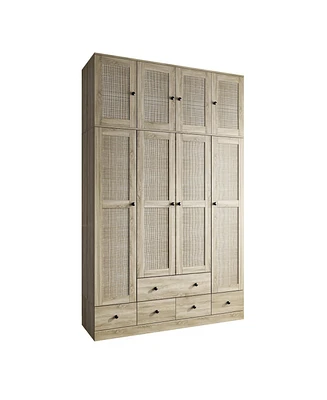 Famapy Brown Rattan Doors Wardrobe with 5-Drawers,2-Hanging Rods,Top Cabinet