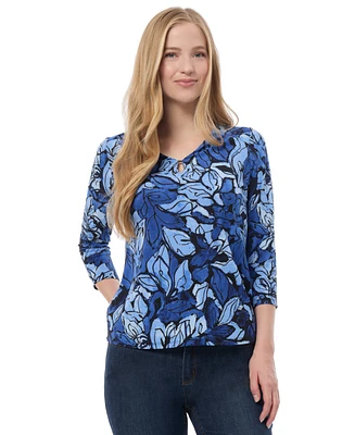 Jones New York Women's Printed Crepe V-Neck Keyhole Top