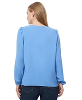 Jones New York Women's V Neck Button Front Top with Long Sleeves Jasper Crepe