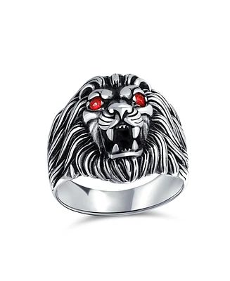 Bling Jewelry Red Crystal Eyes Roaring King Of Jungle Lion Ring Solid Oxidized .925 Sterling Silver