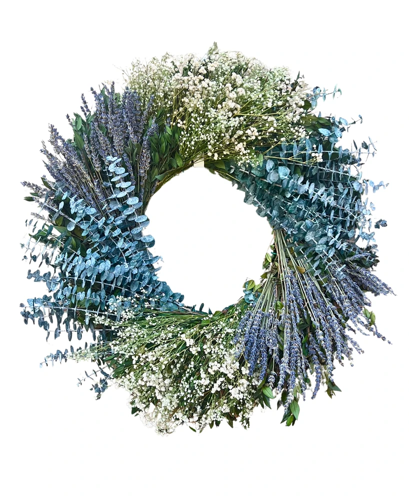 GreenishBlu Real Preserved Wreath Baby Blue Eucalyptus, Dried Lavender and Baby's Breath, 22"