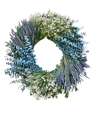 GreenishBlu Real Preserved Wreath Baby Blue Eucalyptus, Dried Lavender and Baby's Breath, 22"