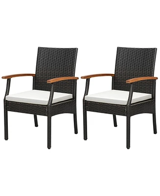 Costway 2PCS Patio Pe Wicker Chairs Acacia Wood Armrests with Soft Zippered Cushion Balcony