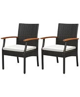 Costway 2PCS Patio Pe Wicker Chairs Acacia Wood Armrests with Soft Zippered Cushion Balcony