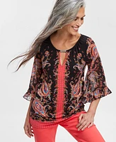 Jm Collection Women's Printed Ruffle Chiffon-Sleeve Top, Created for Macy's