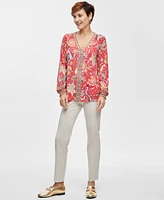 Jm Collection Women's Printed Split-Neck Long-Sleeve Top, Created for Macy's